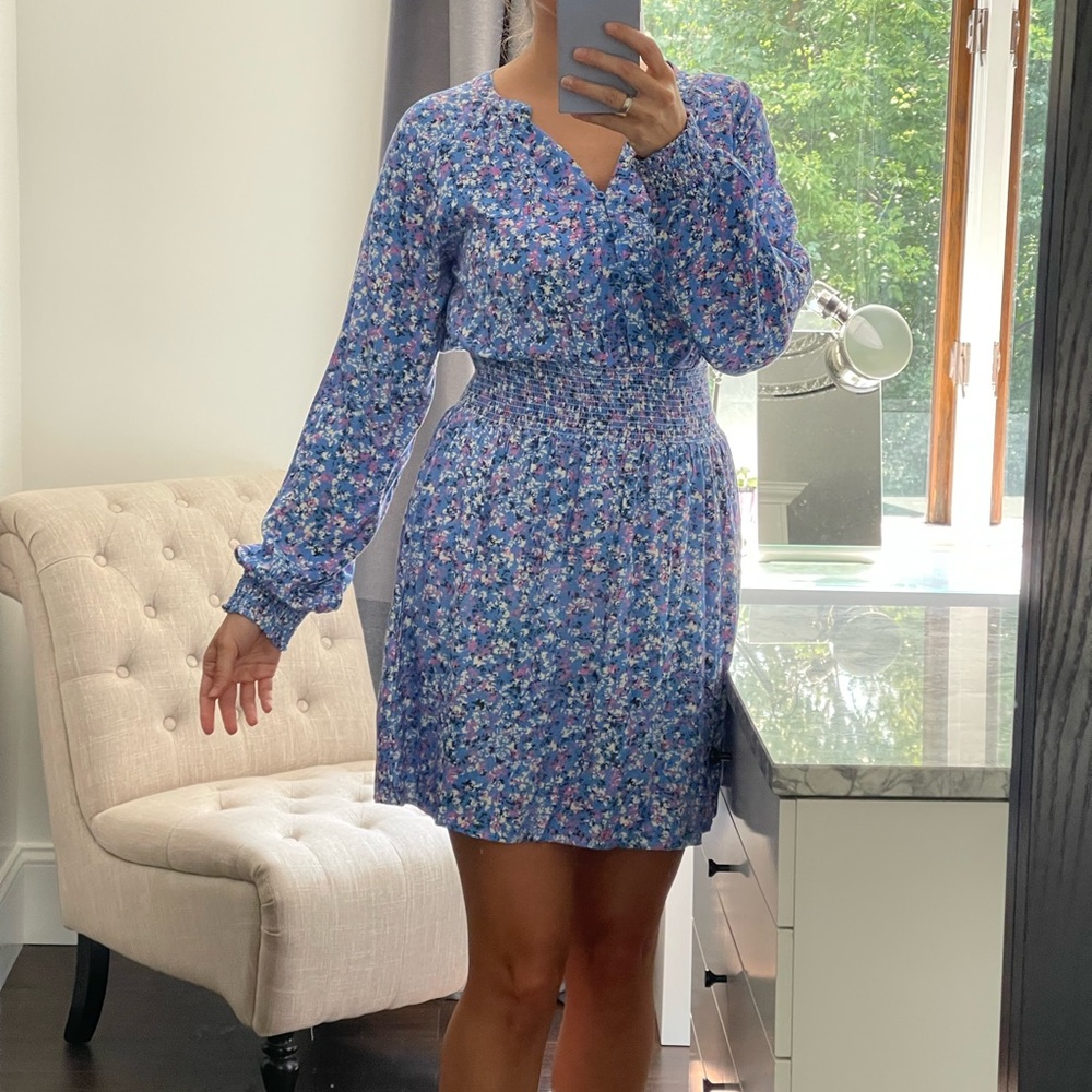 New! Long Sleeve Mini Floral Blue, Pink & White Woman’s  Dress size M